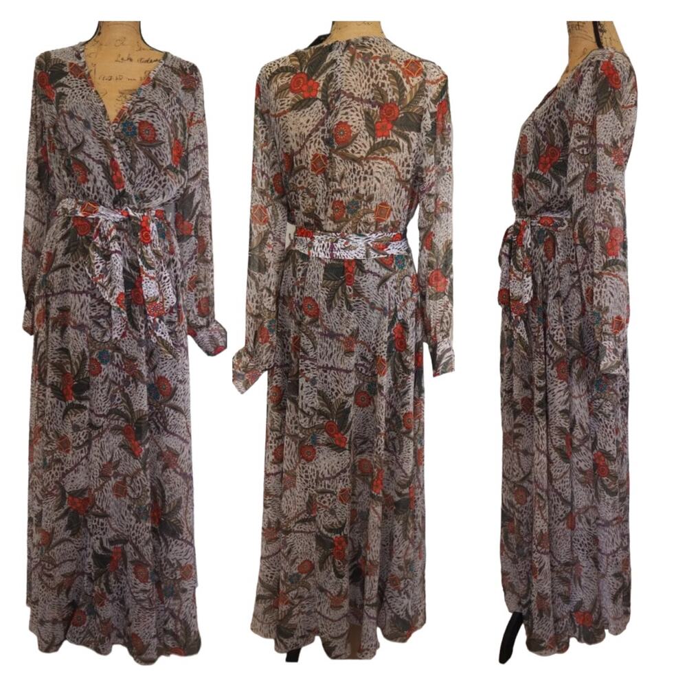 Spy Zone Exchange NWT Floral Brown Tropical Botanical Maxi Dress Belt Size S